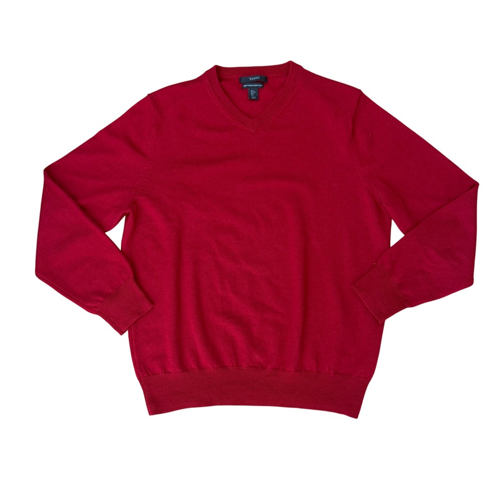 Tahari Mens Large Red V-Neck 100% Extrafine‎ Merino Wool Sweater Quite Luxury